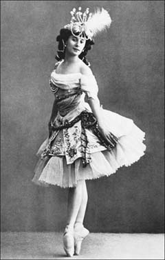 Prima ballerina Anna Pavlova. Early ballerina skirts were heavy, voluminous affairs that severely restricted the dancer's movements. Fortunately, by the early twentieth century, skirts were raised to the knees to showcase pointe work.